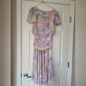 Vintage Floral Midi Dress Pastel Chiffon Cottagecore XS Wedding Guest